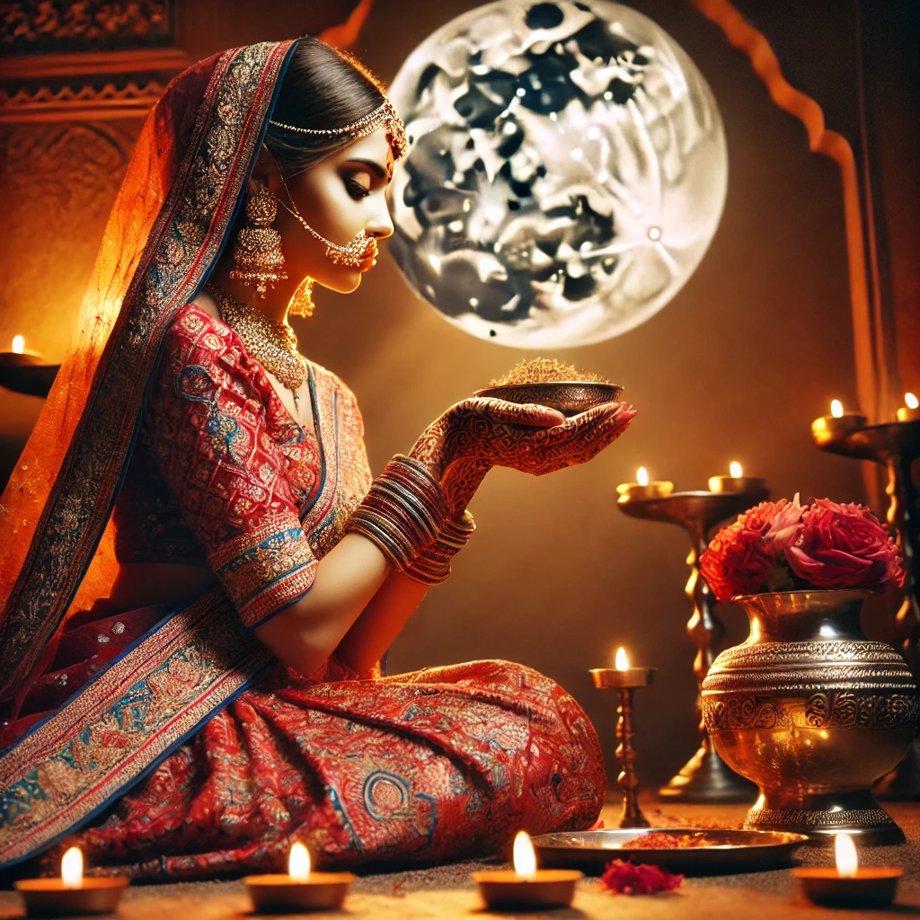 A beautiful Indian woman doing karva chauth pooja