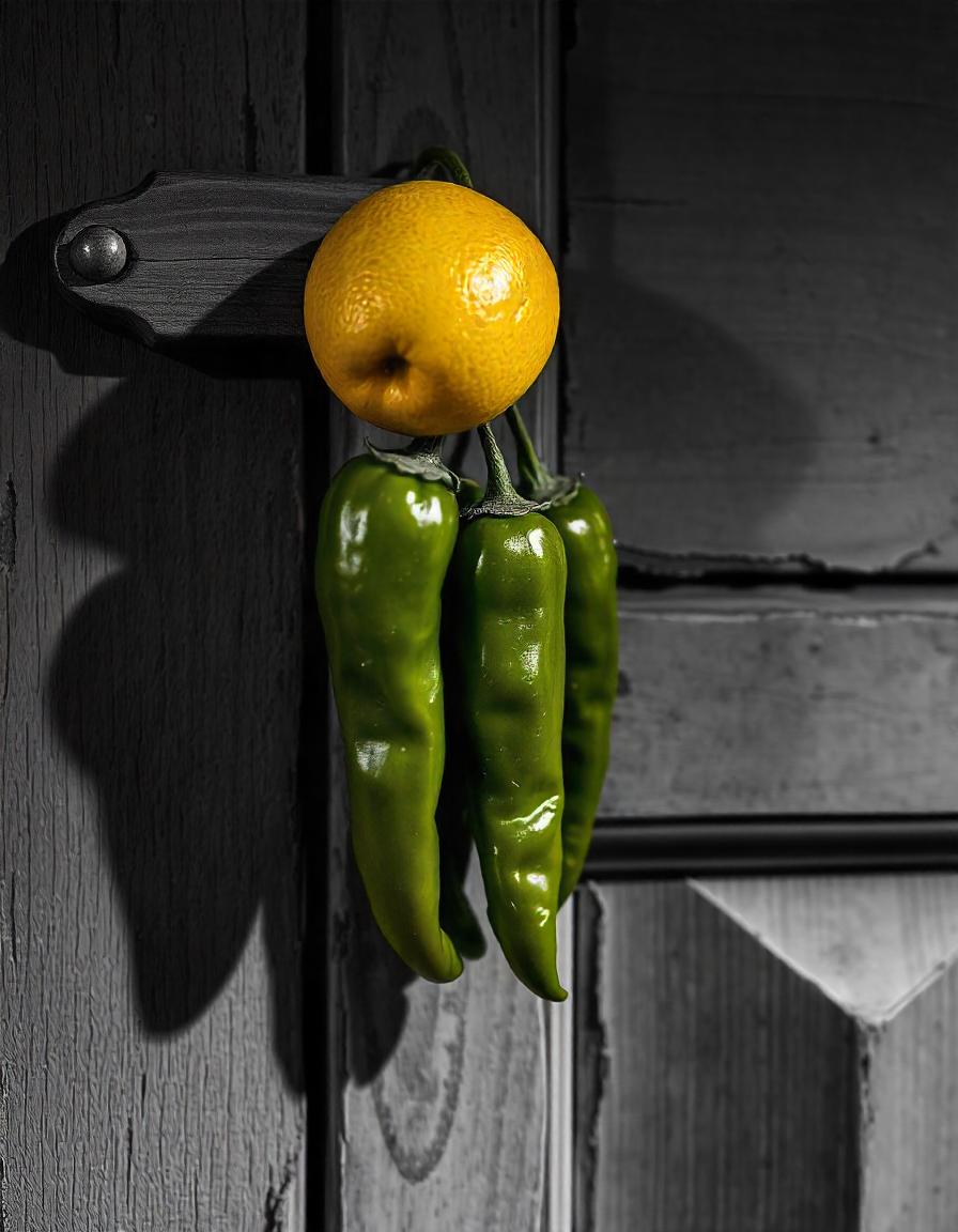 nazar lemon and three green chillis hung outside a door